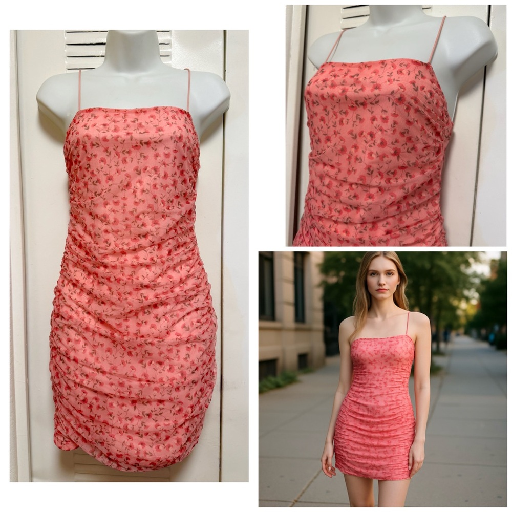 New - Hello Molly Floral Mini Pink Ruched Strapless Dress